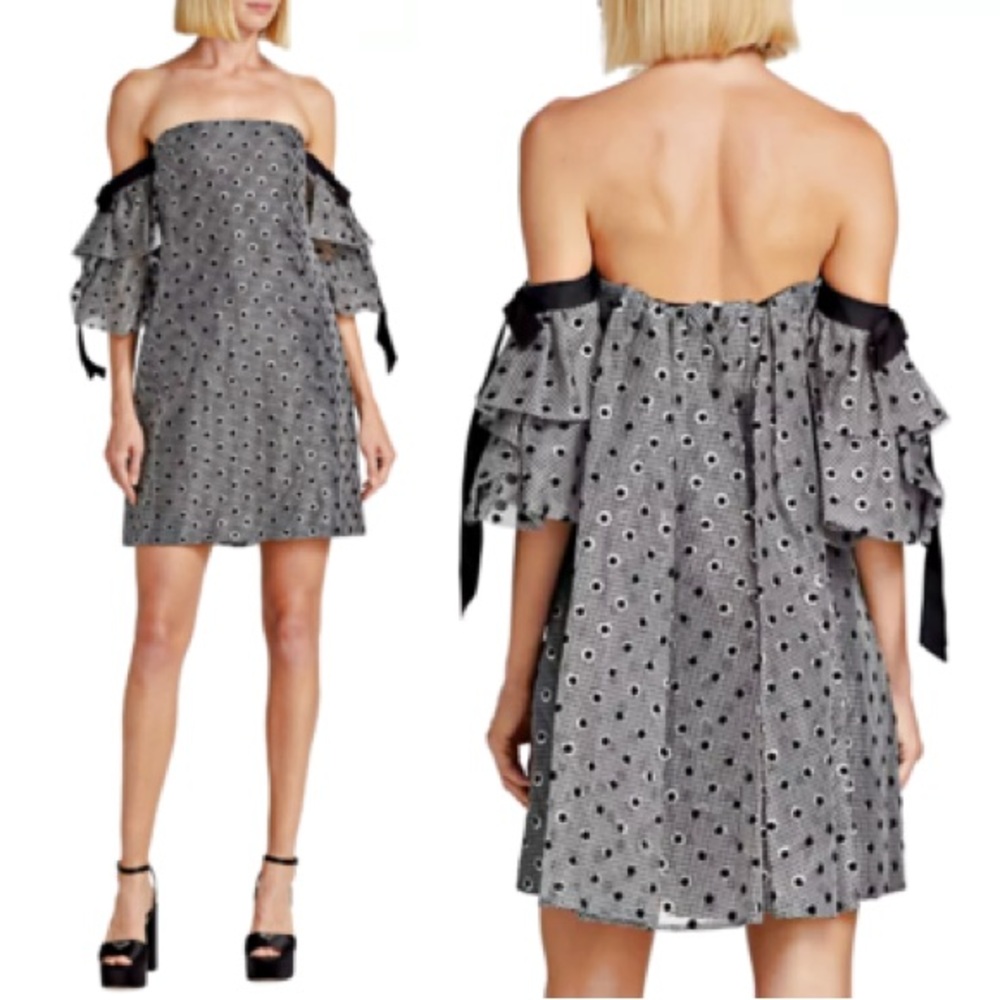 Lela Rose Strapless Black and White silver polka dot mini Dress off shoulder Xs